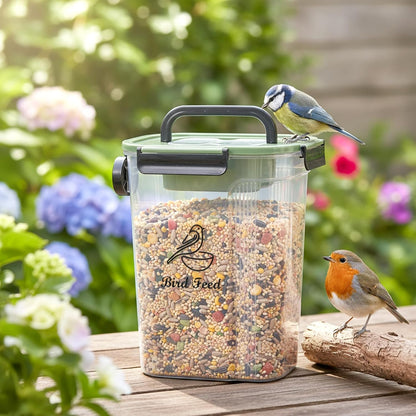 Bird Food Container,Pet Food Storage Bin with Side Pouring Spout and Handle,5lb Bird Seed Storage Container,Airtight BPA Free Portable BirdSeed Storages for Outside Feeders Container Holder