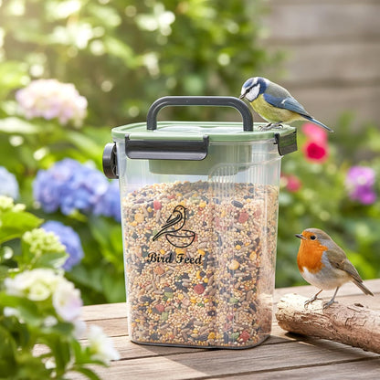 Bird Food Container,Pet Food Storage Bin with Side Pouring Spout and Handle,5lb Bird Seed Storage Container,Airtight BPA Free Portable BirdSeed Storages for Outside Feeders Container Holder