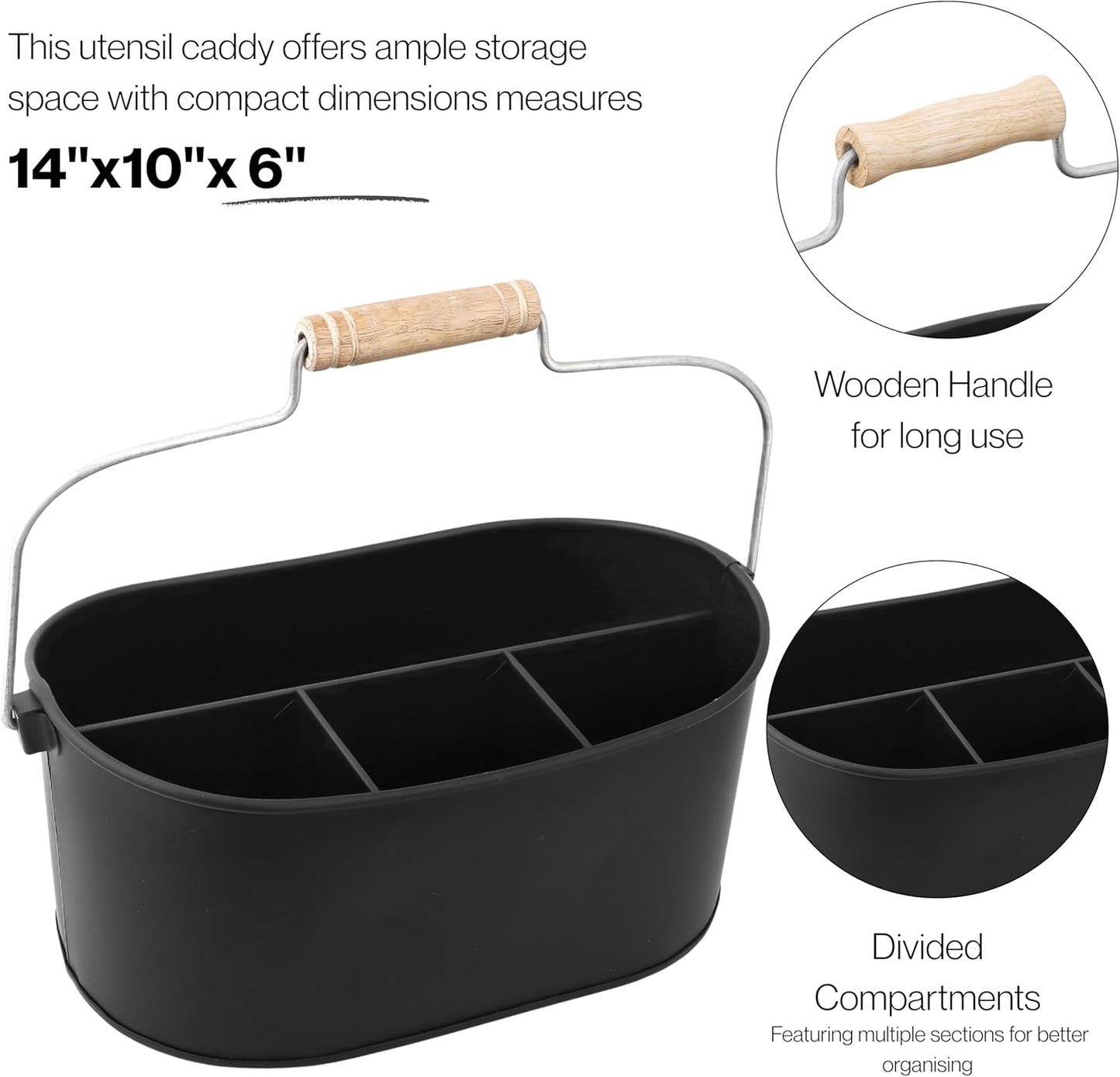 Alpha Living Home Galvanized Metal Utensil Caddy - Rustic Farmhouse Organizer Metal Garden Caddy with 4 Compartments and Wooden Handle for Kitchen, Buffet & Outdoor Events (Silver)