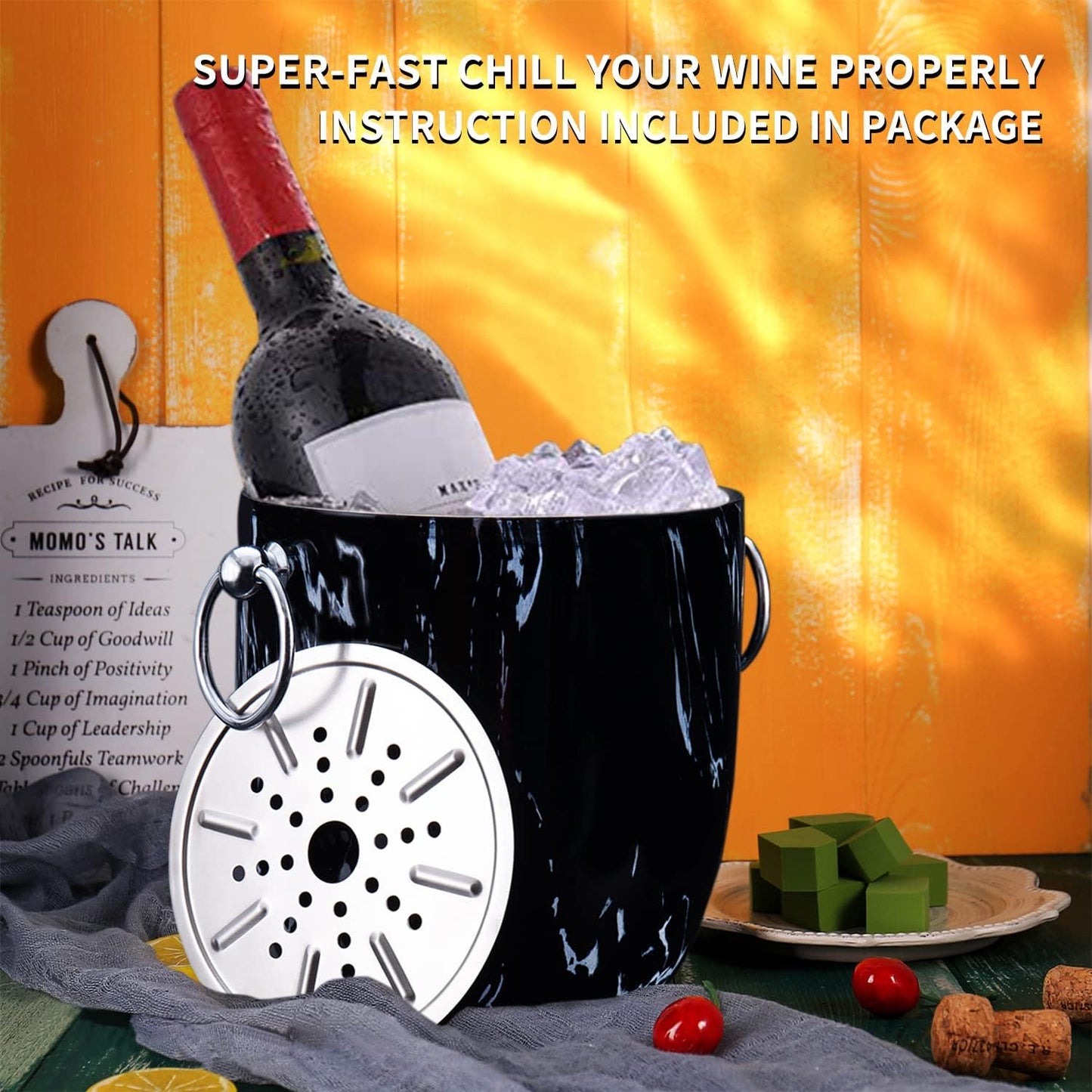 Ice Bucket with Lid, Scoop, Tongs and Strainer - Well Made Insulated Stainless Steel Keep Ice Frozen Longer - Ideal for Cocktail Bar, Parties, Chilling Wine, Champagne - 3 Liter (Stainless Steel)