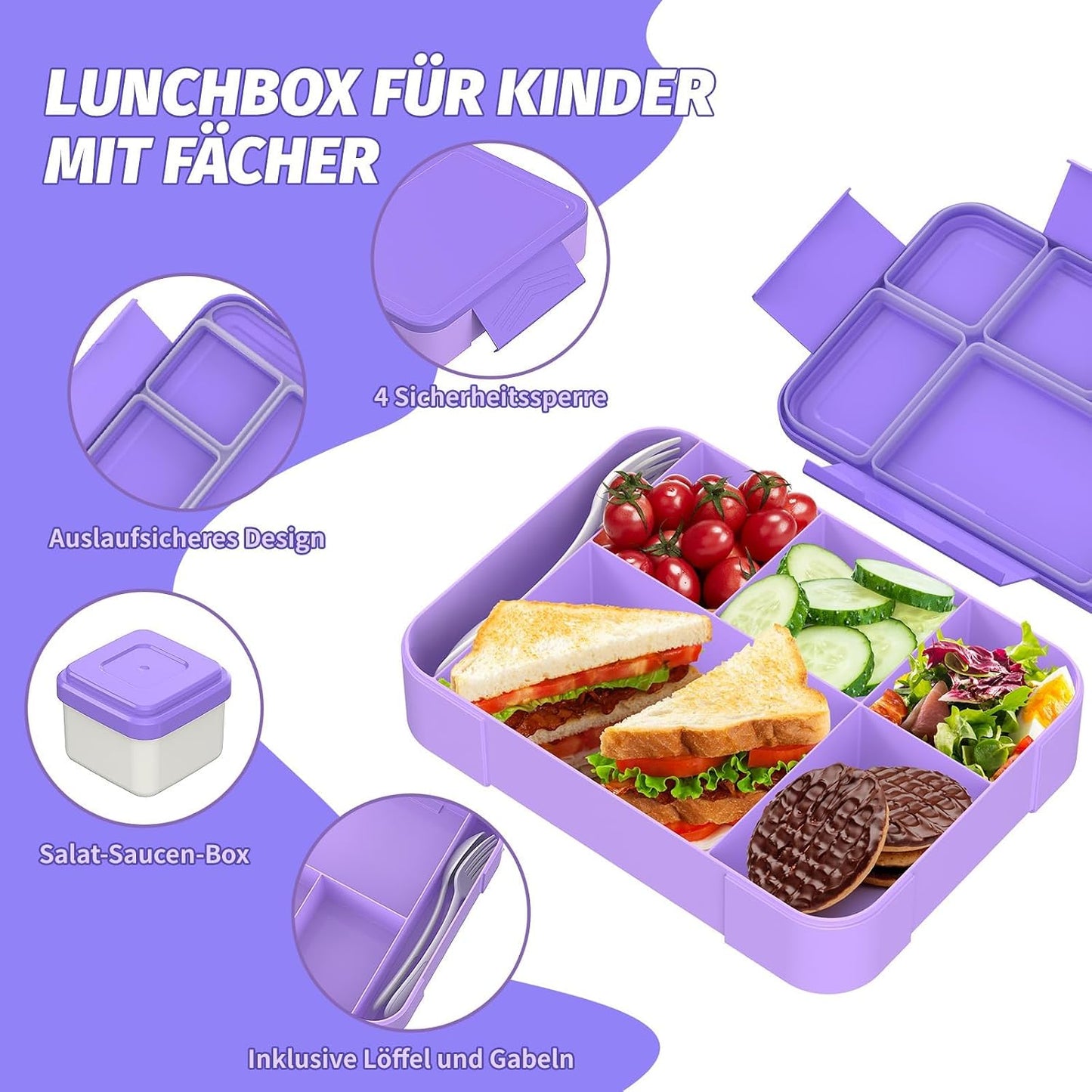 Children's Lunch Box with Compartments,Bento Box Children,Leak-proof Lunch Box for Girls and Boys, Breakfast, Cutlery Set, Snack, Perfect for School,Nursery&Trips(Purple)