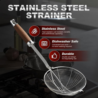 IQCWOOD Spider Strainer with Wood Handle - 5.5 Inch Fryer Scoop