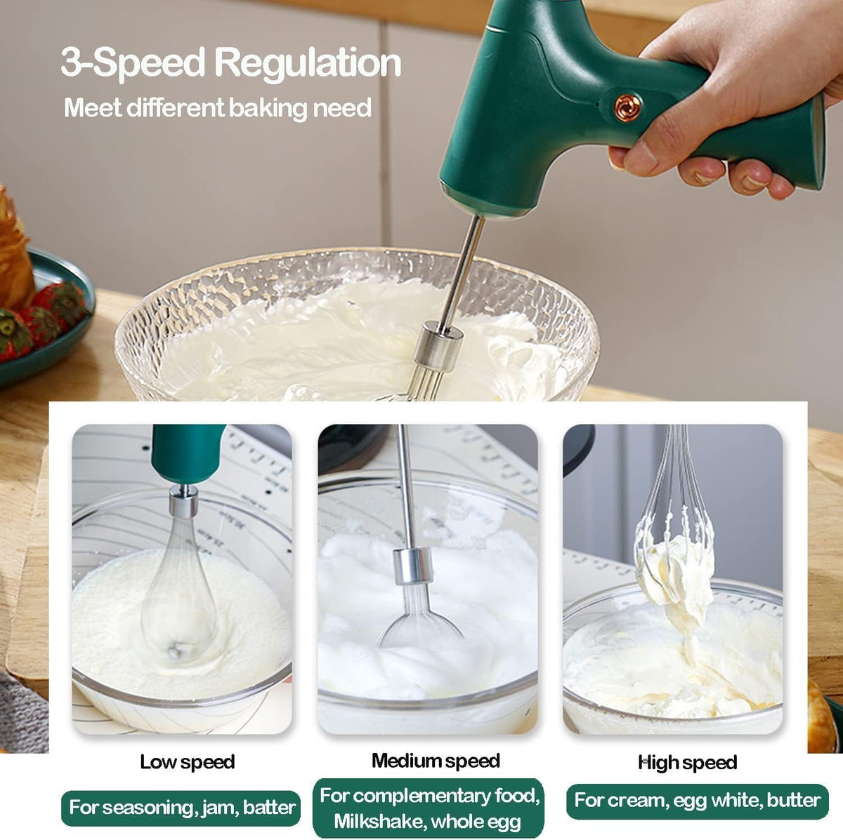 Electric Hand Whisk, USB Rechargeable, Wireless Portable Egg Beater with 2 Detachable Whisks with 3 Speed Modes for Eggs/Milkshake Cream/Butter/Baby Food, Fit for Kitchen/Camping/Gifts (Green)
