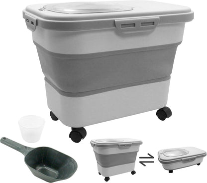 20-30 Lbs Rice and Pet Food Storage Container - Collapsible Airtight Food Storage with Rolling Wheel & Locking Lid, Flour Container with Cup & Scoop for Rice, Flour, Pet Food (Grey)