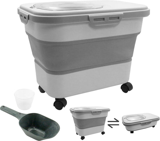 20-30 Lbs Grey Collapsible Airtight Rice Pet Food Storage Container | With Rolling Wheels Lock Lid Scoop Cup, Large Bin for Rice Flour Pet Food Home Storage