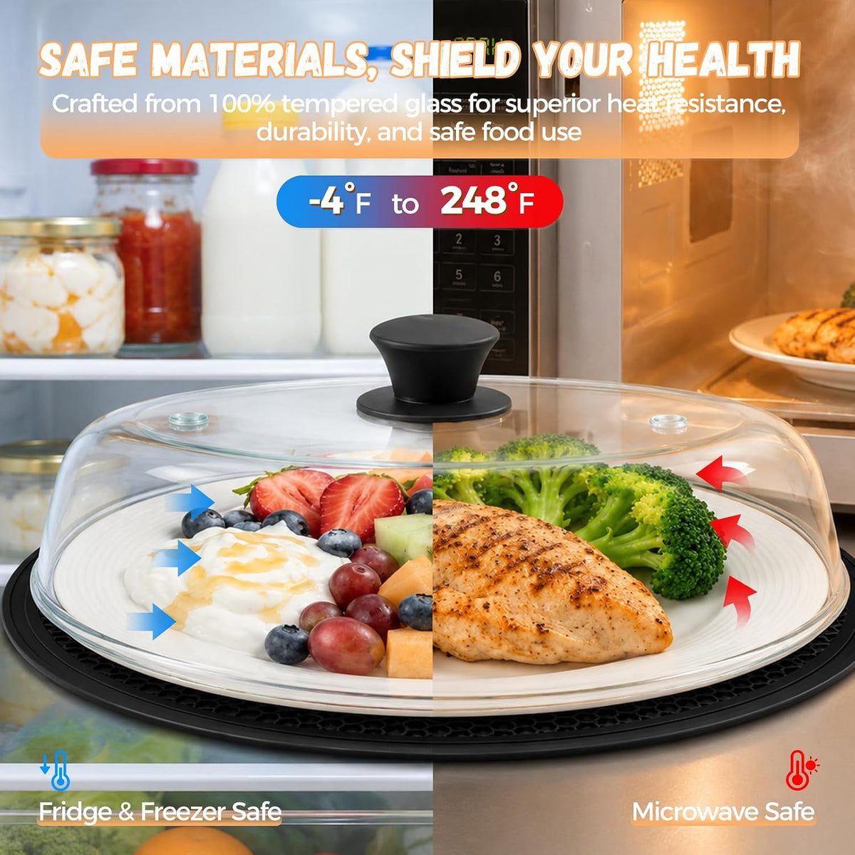 10" Glass Microwave Splatter Cover for Food with Silicone Trivet