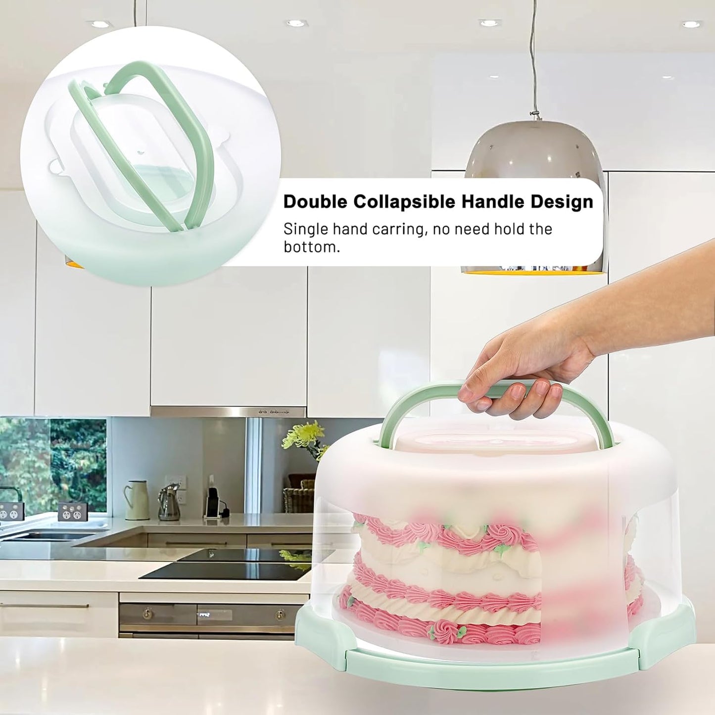 BSTKEY Portable Cake Carrier with Lid and Handle, Devil Egg Container + Cupcake Storage Tray for Transport, 10 Round Cake Container Holder with Two Sided Base for Pies Cookies Nuts Fruit, Green