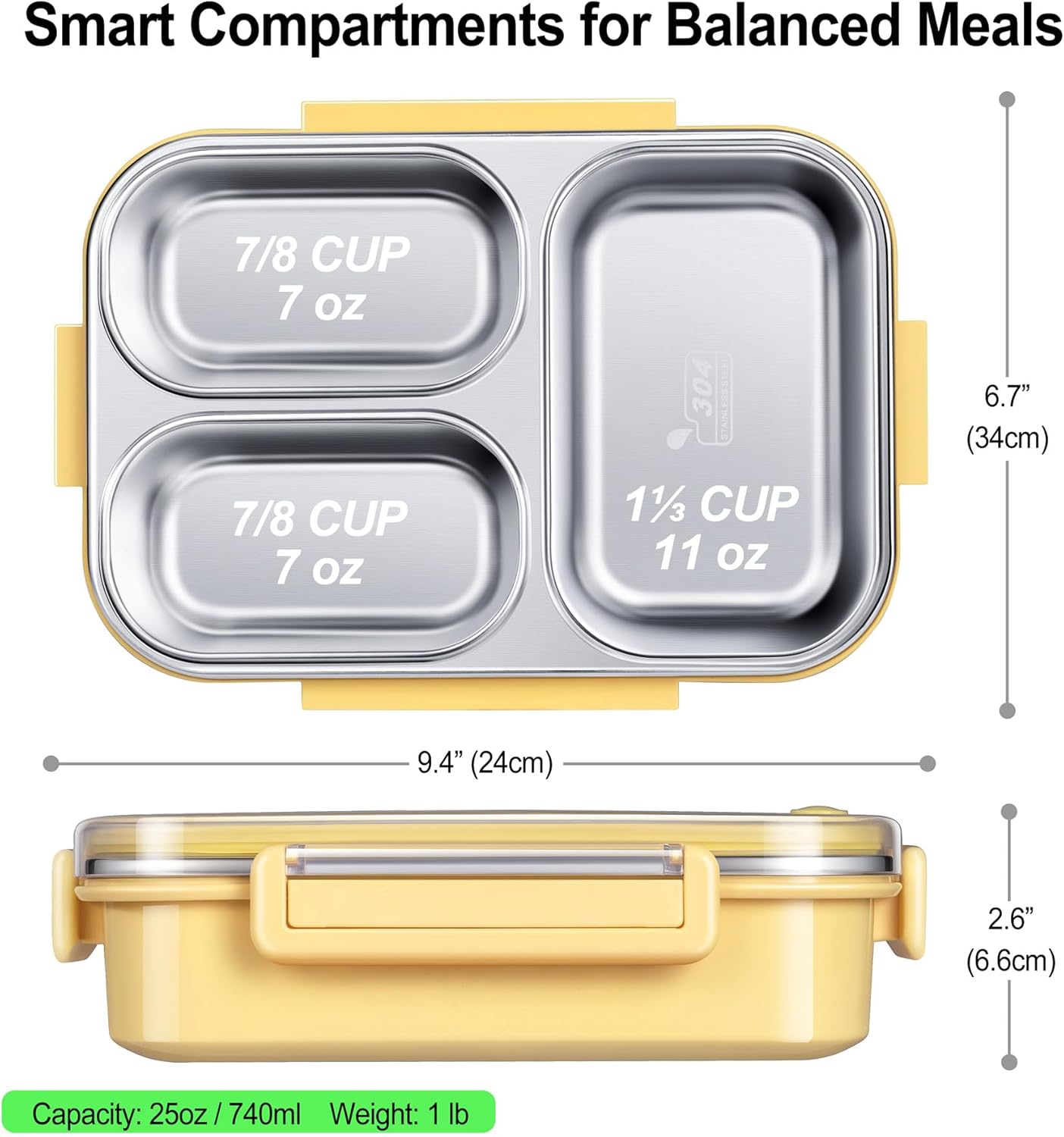KTKUDY Stainless Steel Bento Box for Kids & Adults - 25 oz - Leakproof 3 Compartment Metal Lunch Container - 18/8 Stainless Steel Lunch Box Kids - Ideal for School, Office & Outdoor (Cream)