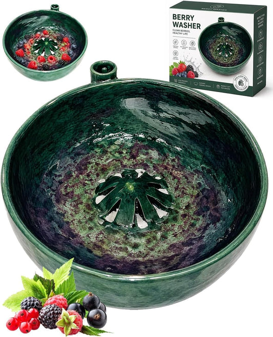 Self Spinning Berry Washing Bowl, Ceramic Berry Bowl with Drain Holes, Fruit Washer Spinner with Strainer and Colander, Handmade Multipurpose Bowl for Washing Berries, Fruits and Vegetables