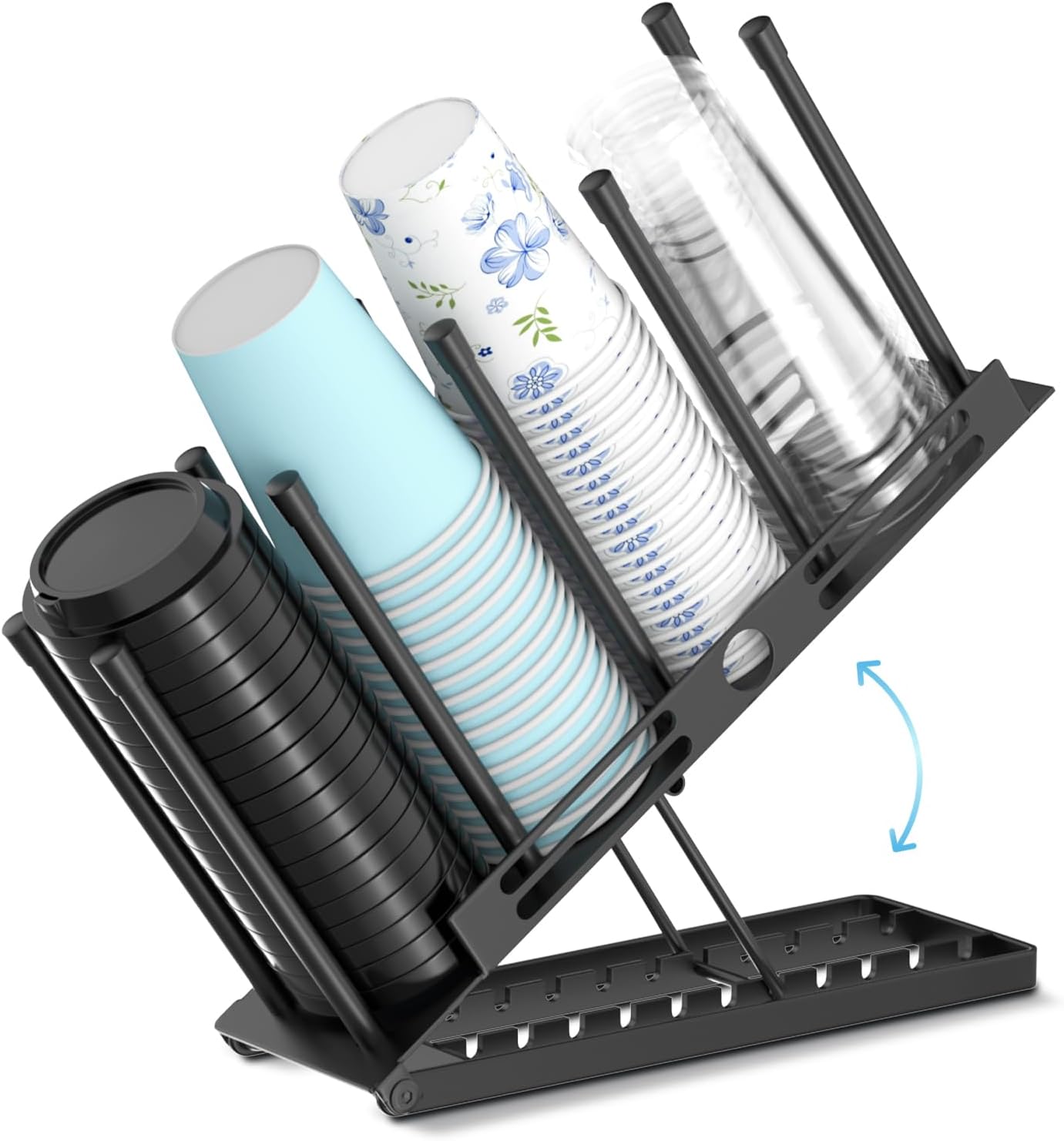 Coffee Cup and Lid Holder, 4 Compartment Metal Cup Dispenser, Black