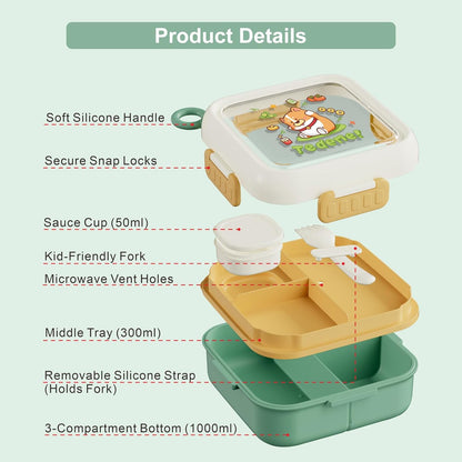 SAYAPE Kids Bento Lunch Box - Toast-Shaped 4-Compartment Lunchable Food Container with Sauce Cup, Utensils & Brush, BPA-Free, Reusable Snack Container with lid, Ideal for School & Travel - Blue