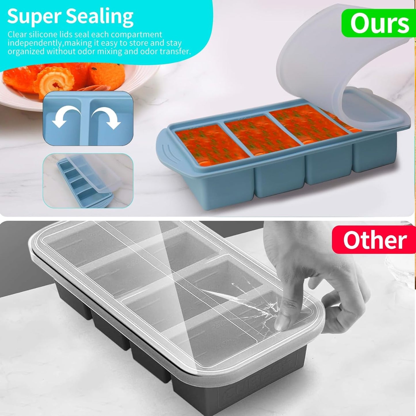 Silicone Freezer Molds Gift Set with 1,and 2 Tbsp, 1/2, 1, and 2 Cup Silicone Freezer Trays With Lids - Meal Prep and Kitchen Essentials Bundle (Blue 5 Pack)