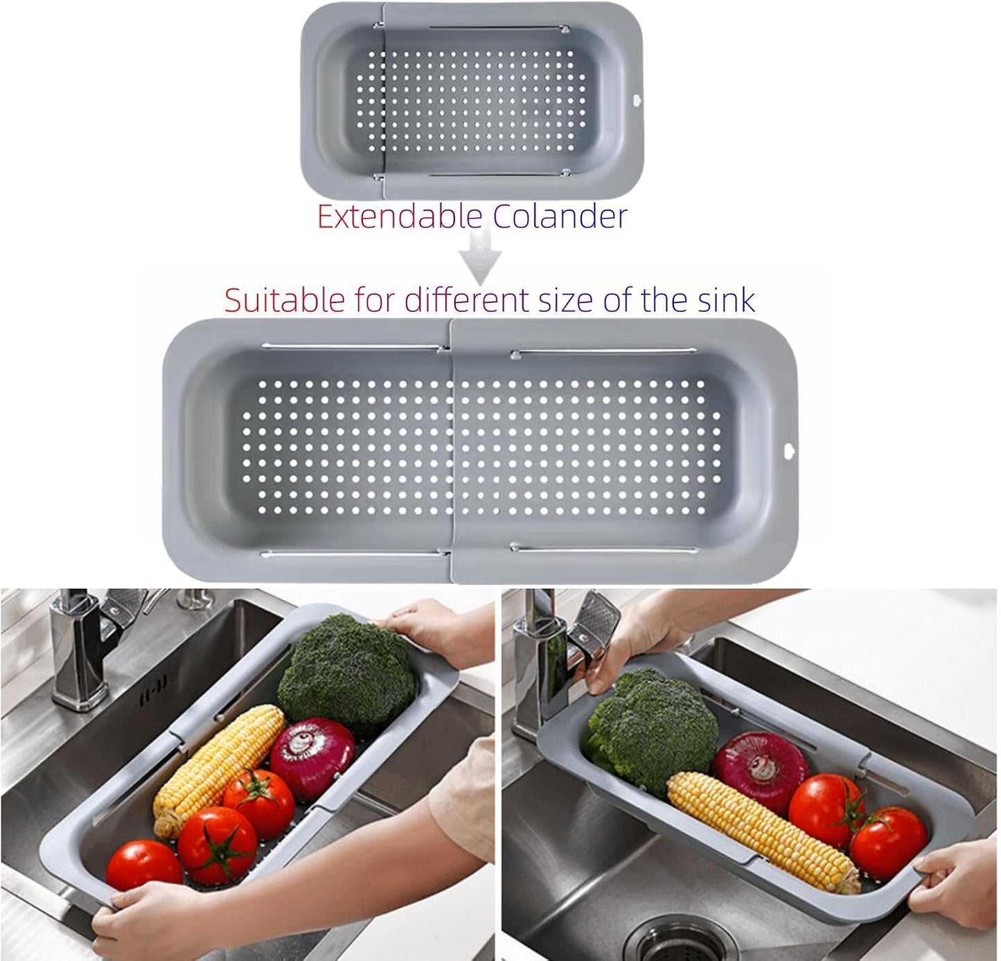Extendable Over the Sink Colander Strainer Basket, Plastic Retractable Kitchen Sink Basket - Wash Vegetables, Fruits, Drain Pasta and Dry Dishes L (black XL)