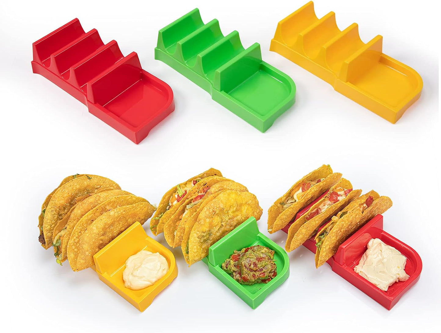 Taco Bar Serving Set for a Party - Taco Tuesday Kit of 4 personal Taco Holders, Taco Night for Burritos, Nachos, 7 compartments for Taco Toppings