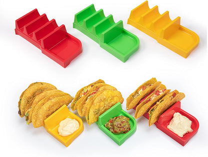 Taco Bar Serving Set for a Party - Taco Tuesday Kit of 4 personal Taco Holders, Taco Night for Burritos, Nachos, 7 compartments for Taco Toppings