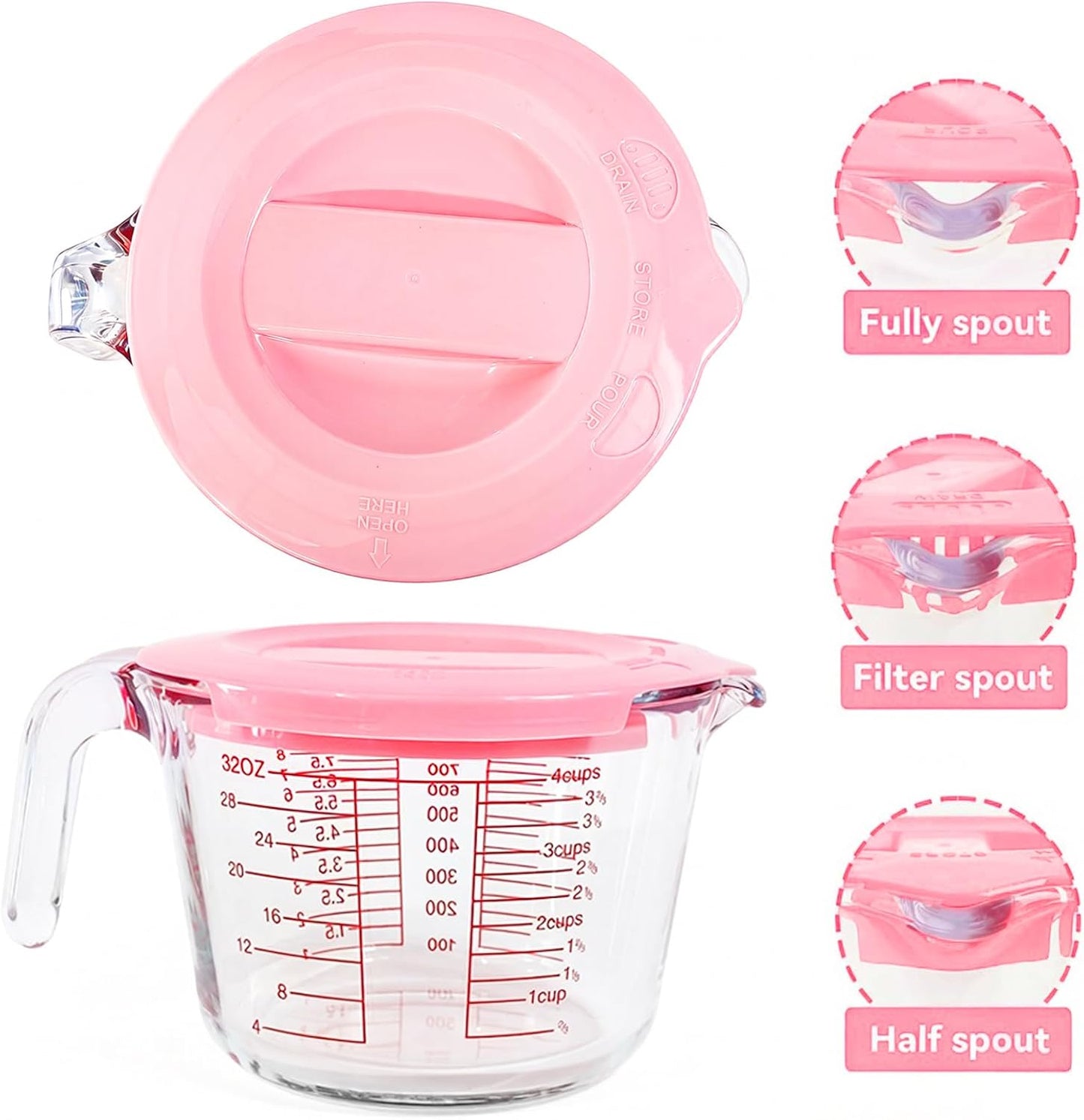 6 Pcs Glass Measuring Cups with Lids Set, 1-Cup, 2-Cup, 4-Cup Measuring Jugs with Handle For Prepping, Baking and Cooking (Pink)