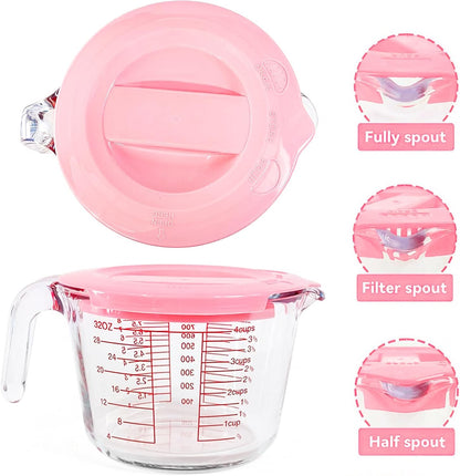 6 Pcs Glass Measuring Cups with Lids Set, 1-Cup, 2-Cup, 4-Cup Measuring Jugs with Handle For Prepping, Baking and Cooking (Pink)