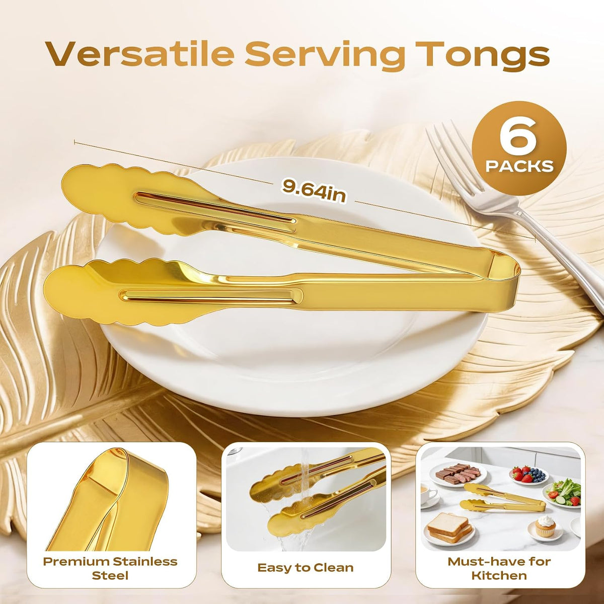 Stainless Steel Serving Tongs, 9 Inch Gold Salad Tongs Serving Utensils Buffet Tongs Gold Plated Heavy Duty Reusable Metal Kitchen Clips for Salad, Snack, Barbecue, Catering, Wedding, Party