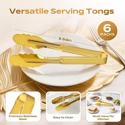 Stainless Steel Serving Tongs, 9 Inch Gold Salad Tongs Serving Utensils Buffet Tongs Gold Plated Heavy Duty Reusable Metal Kitchen Clips for Salad, Snack, Barbecue, Catering, Wedding, Party