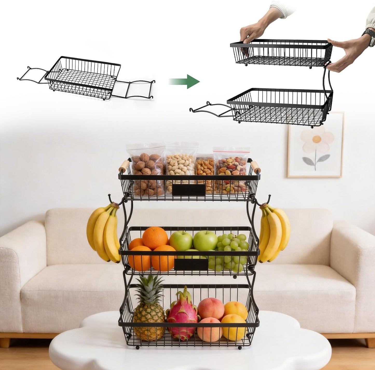 Fruit Basket Bowl 2 Tier Detachable with 2 Banana Hangers, Fruit Stand Holder for Kitchen Countertop, Metal Wire Vegetable Storage Organizer, for Bread Snack Veggies Produce, Black