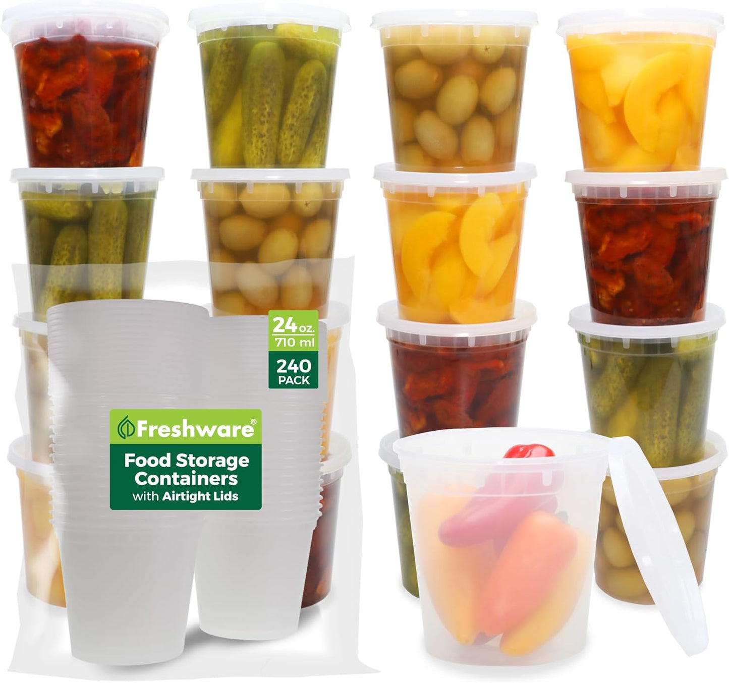 Freshware Food Storage Containers [24 Set] 32 oz Plastic Deli Containers with Lids, Slime, Soup, Meal Prep Containers, BPA Free, Stackable, Leakproof, Dishwasher and Freezer Safe, Translucent