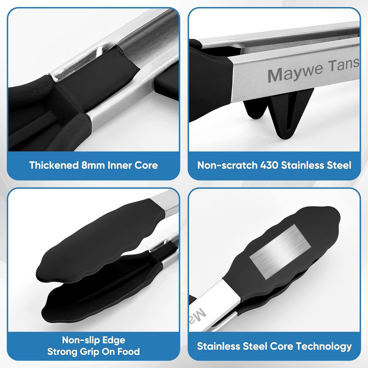 3 Pack Silicone Tongs for Cooking,Maywe Tanso 9 Inch Cooking Kitchen Tongs with Silicone Tips,Nonstick Stainless Steel Tongs for Steak Pie Pizza Pasta Spaghetti Salad BBQ Buffet