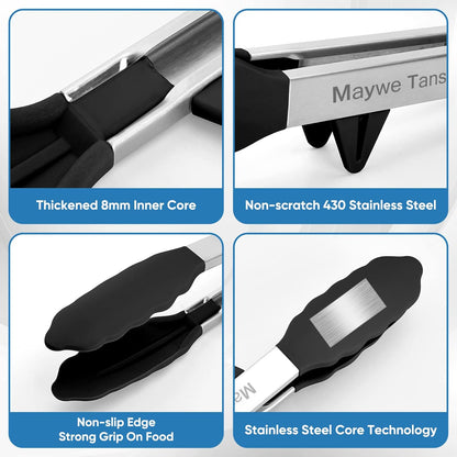 3 Pack Silicone Tongs for Cooking,Maywe Tanso 9 Inch Cooking Kitchen Tongs with Silicone Tips,Nonstick Stainless Steel Tongs for Steak Pie Pizza Pasta Spaghetti Salad BBQ Buffet