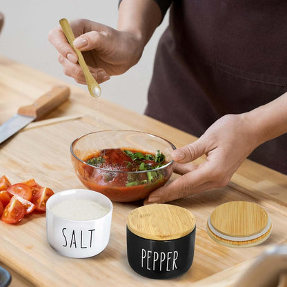 Farmhouse Salt And Pepper Containers,Salt Containers For Countertop,Stacked Ceramic Cellar With Bamboo Lid, Spice Box With Spoon,Seasoning Holder with lid,Ceramic Bowls (B&W H)