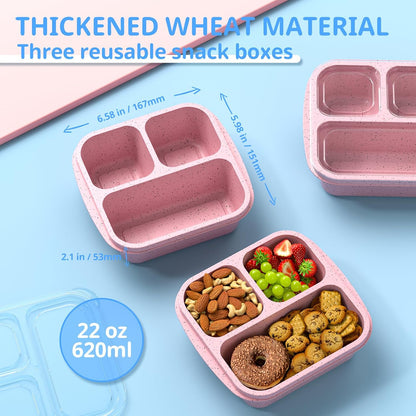 Snack Boxes (3 Pack) - Stackable Bento Boxes with 3 Compartments, Meal Prep Containers Reusable, Lightweight Lunch Containers for Kids and Adults, BPA Free (Blue)