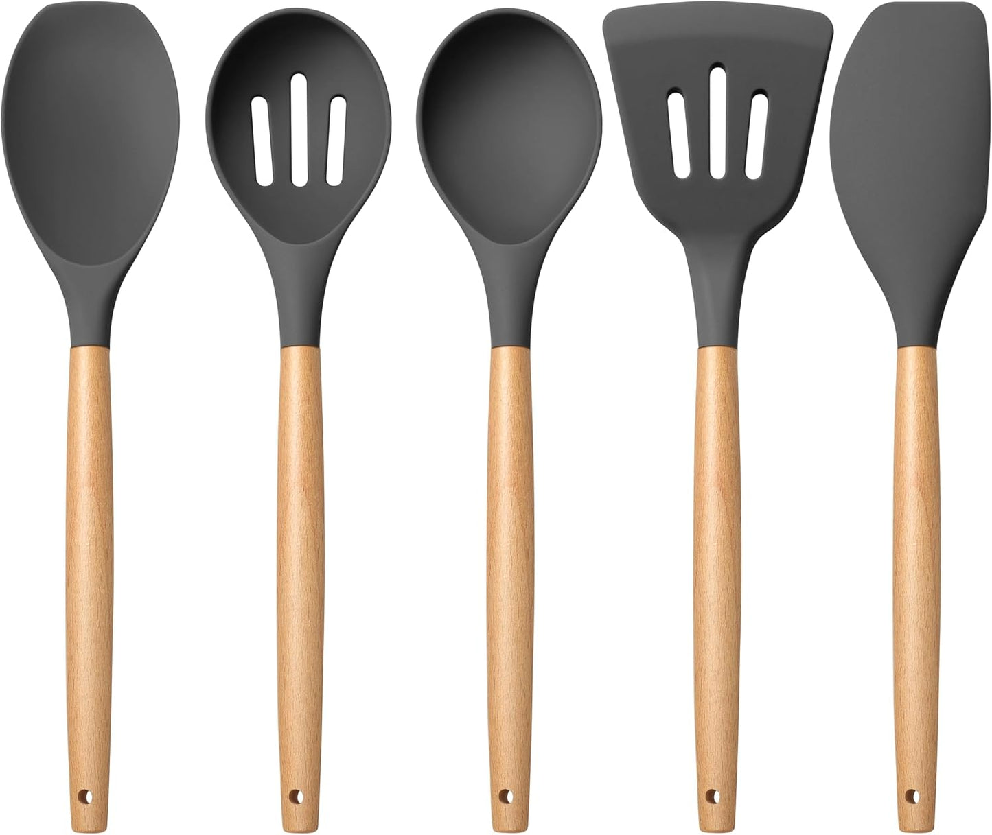E-far Silicone Cooking Utensils Set, 5-Piece Kitchen Utensils Set with Wooden Handle for Cooking, Silicone Kitchen Nonstick Tools Spatula Turner Slotted Spoons, Nontoxic & Heat Resistant-Khaki
