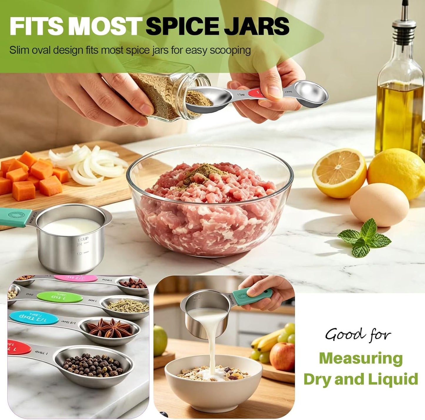 Magnetic Measuring Cups & Spoons Set, Strong N52 Magnets, Heavy Duty 304 Stainless Steel, Dual-Sided Design Fits Spice Jars, Easy-to-Read Markings, 16-Piece Set with Leveler for Baking & Cooking