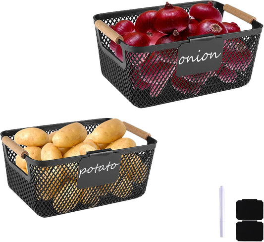 Onion and Potato Storage Baskets,A set of 2 Wooden Handle storage Basket Stackable Plastic Pantry Bins, Multifunctional Organizers for Kitchen, Countertop, and More Vegetable Storage Box (Black-2pack)