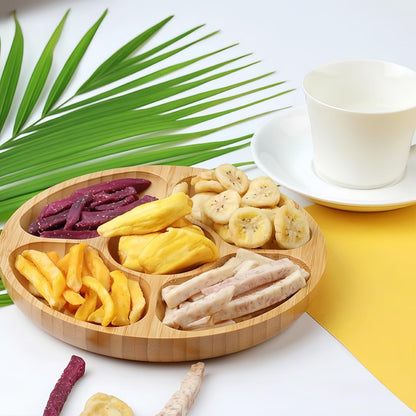 Divided Serving Dish Tray,7.9 in Round Bamboo Serving Trays,Wooden Candy Platters with 5 Compartments,Lazy Snack Trays for Home Decor,Parties, Events (1Pcs)