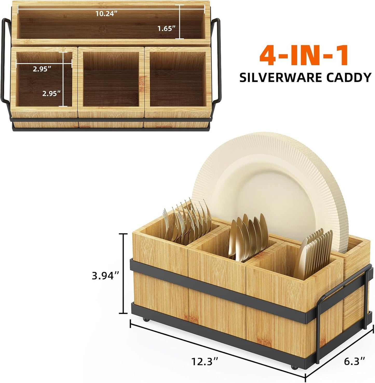 Silverware Caddy for Party, Wood Utensil Caddy with 4 Removable Compartments for Kitchen Countertop Organizing Paper Plate, Fork, Spoon, Napkin