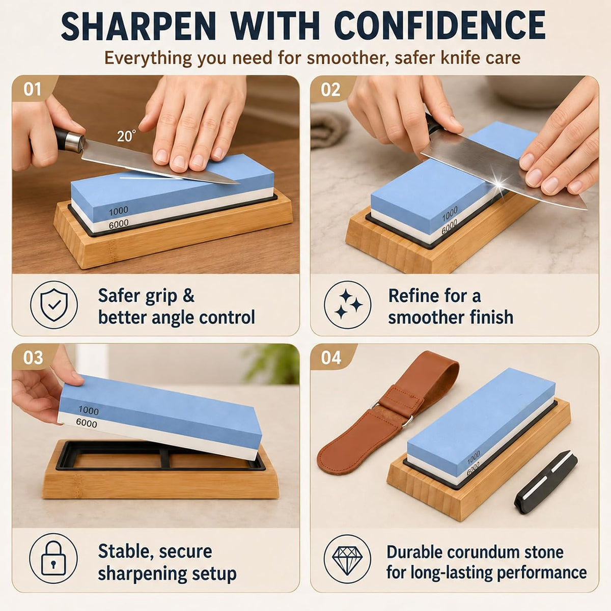 Knife Sharpening Stone Set, 1000/6000 Grit Dual-Sided Whetstone