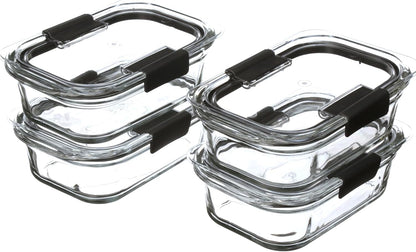 Rubbermaid Brilliance Glass Food Storage set of 4 containers 8 total pieces (4 containers + 4 lids) for Lunch Meal Prep and Leftovers Dishwasher and Oven Safe Clear/Grey