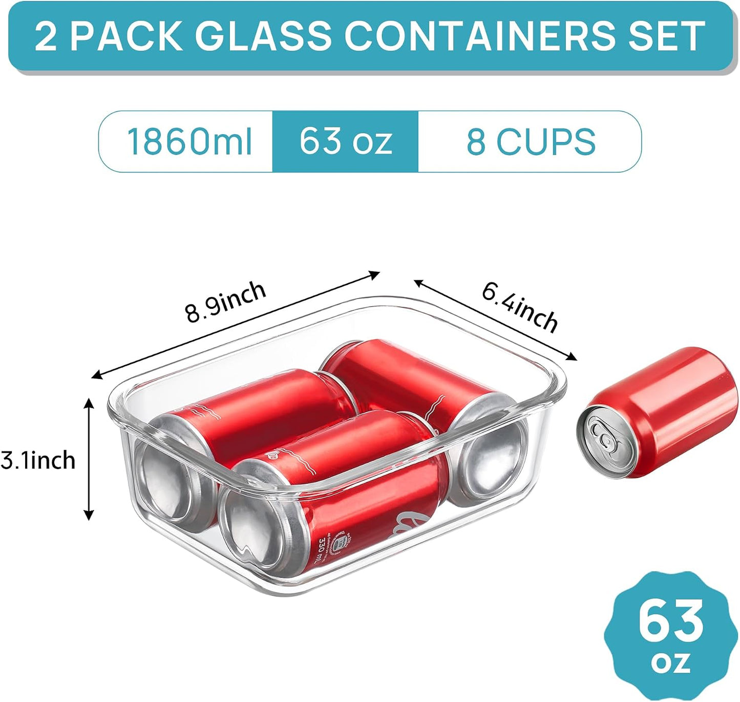 Vtopmart 2Pack 1860ml/63oz Large Glass Storage Containers with Lids, Meal Prep Food Container Set with Snap Airtight Lid for Baking, Microwave, Oven, Leak Proof, for Freezer, Dishwasher, Grey