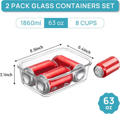 Vtopmart 2Pack 1860ml/63oz Large Glass Storage Containers with Lids, Meal Prep Food Container Set with Snap Airtight Lid for Baking, Microwave, Oven, Leak Proof, for Freezer, Dishwasher, Grey