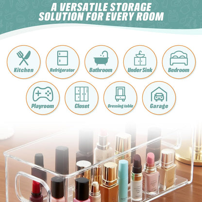 Set of 8 Clear Organizers and Storage Bins, 4 Large and 4 Small Stackable Plastic Storage Containers with Handles for Fridge, Freezer, Pantry, Cabinet, Kitchen Organization