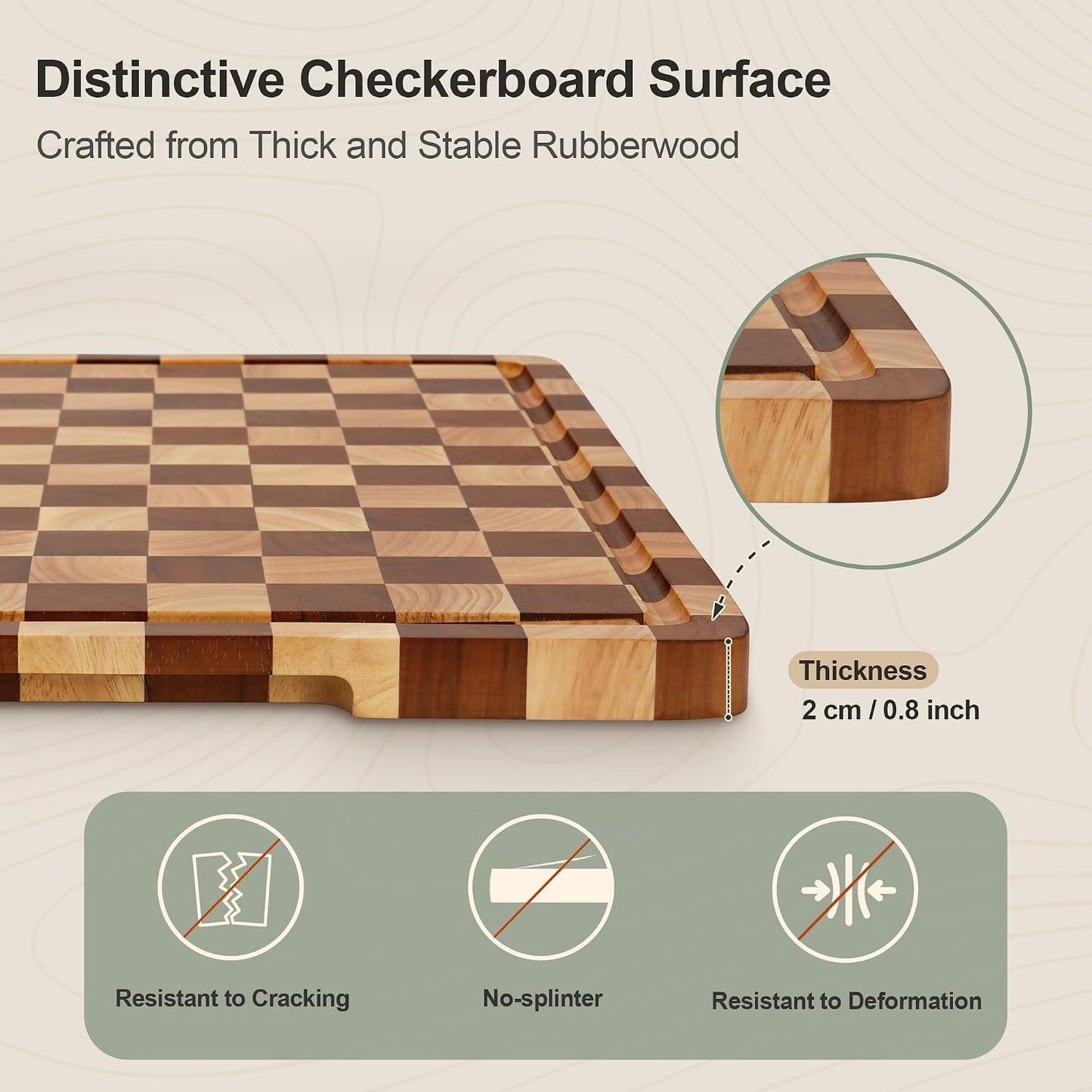 Cutting Board Set of 2 – Checkered Wood & Acrylic Cutting Board with Counter Lip for Kitchen Counter, Wood Checkerboard Chopping Board with Juice Grooves for Vegetables, Fruits, Meat