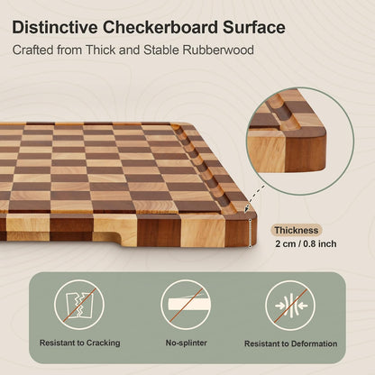 Cutting Board Set of 2 – Checkered Wood & Acrylic Cutting Board with Counter Lip for Kitchen Counter, Wood Checkerboard Chopping Board with Juice Grooves for Vegetables, Fruits, Meat