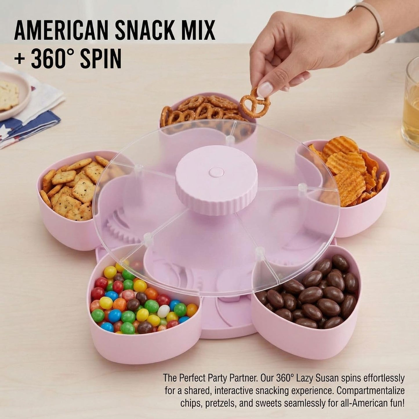 Rotating Snack Tray with Lid, 5 Compartments Divided Serving Platter, BPA-Free Food Storage Container for Candy, Fruit, Nuts, Appetizers, Spinning Lazy Susan for Party, Kitchen, Living Room(Blue)