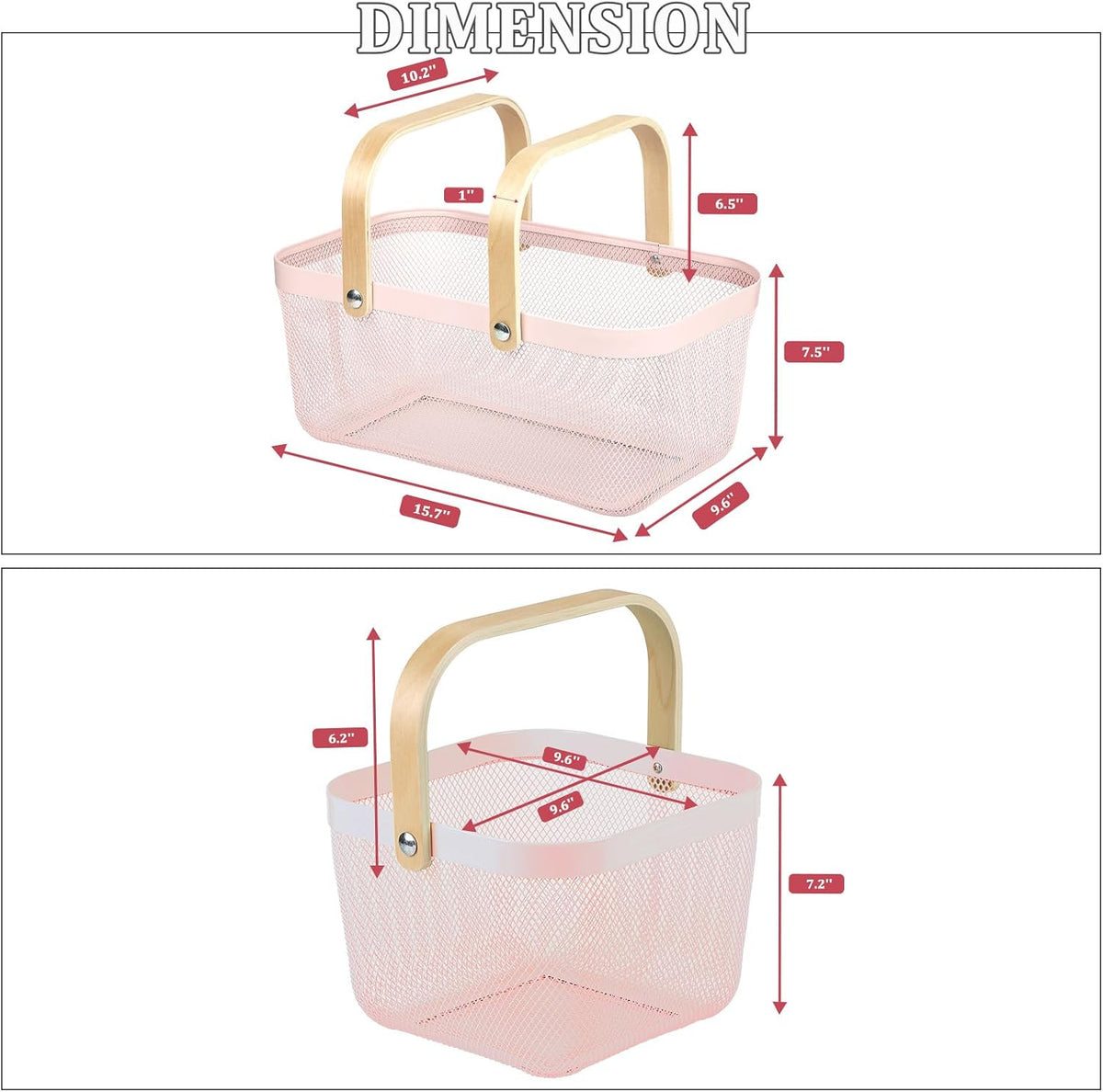 Coloful Metal Mesh Wire Basket with Foldable Wooden Handle,Bin Garden Fruit Vegetable Storage Hanging Harvest Holder for Kitchen Bathroom Picnic (Yellowish Green, Cuboid-15.7 x 9.5 x 7.2“)
