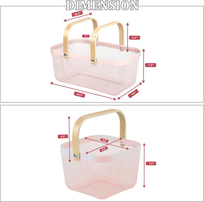 Coloful Metal Mesh Wire Basket with Foldable Wooden Handle,Bin Garden Fruit Vegetable Storage Hanging Harvest Holder for Kitchen Bathroom Picnic (Yellowish Green, Cuboid-15.7 x 9.5 x 7.2“)