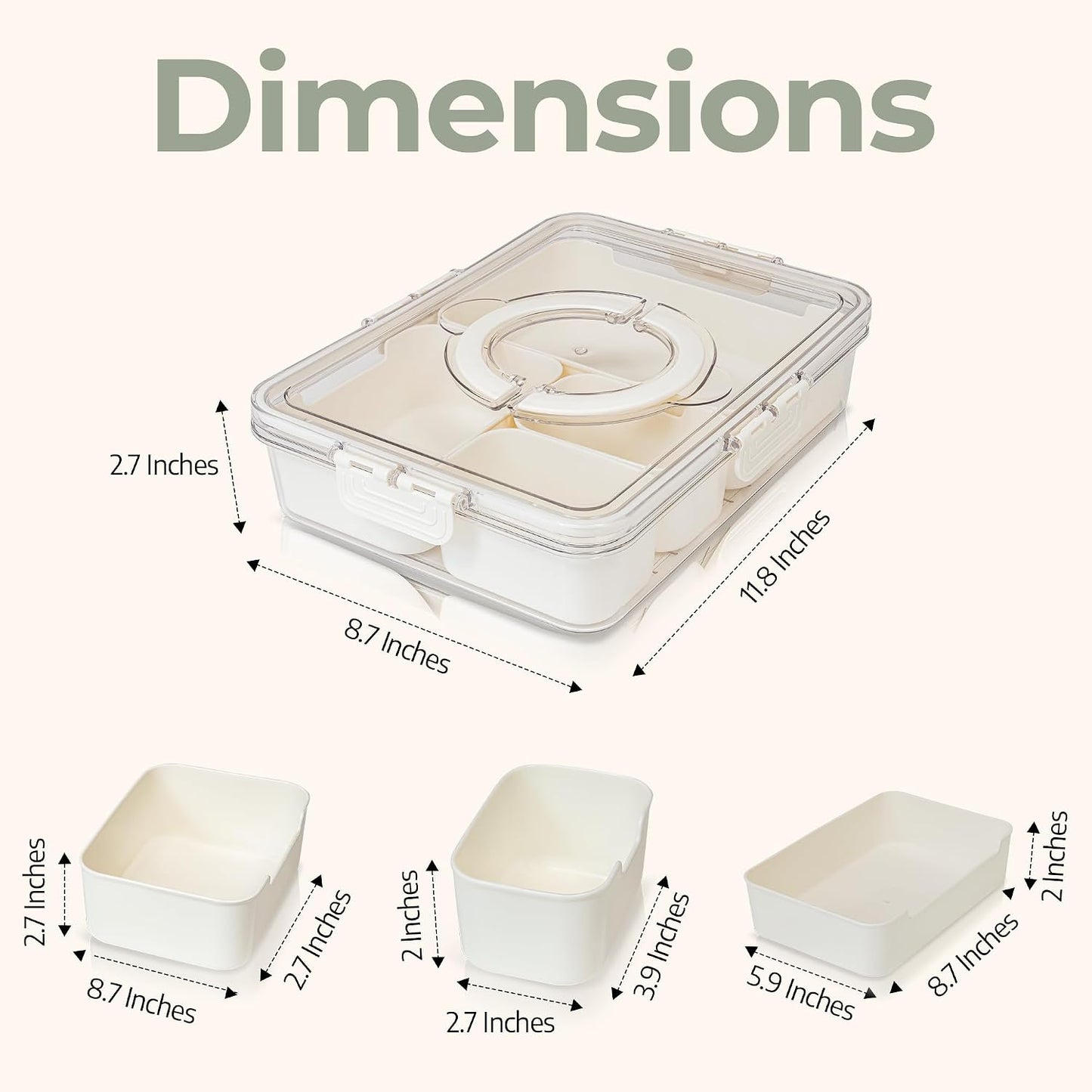 Divided Serving Tray with Lid and Handle – Elegant 4-Compartment Snackle Box for Snacks, Appetizers, Fruits, and Party Entertaining (Cream).