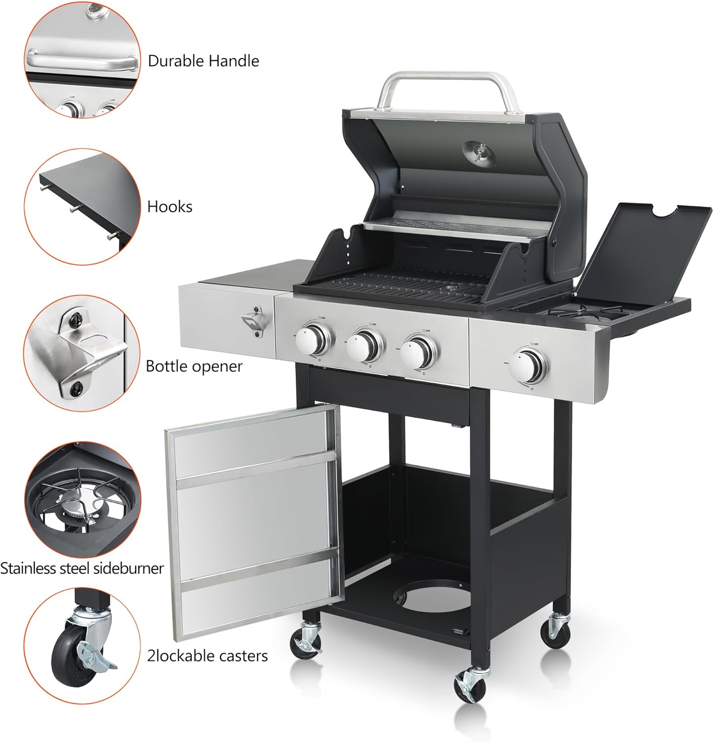 3-Burner Propane Gas Grill, 30,000 BTU Stainless Steel Outdoor BBQ Grill with Lid, Side Shelves & Wheels for Patio, Garden and Backyard Cooking