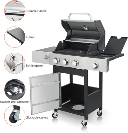 3-Burner Propane Gas Grill, 30,000 BTU Stainless Steel Outdoor BBQ Grill with Lid, Side Shelves & Wheels for Patio, Garden and Backyard Cooking