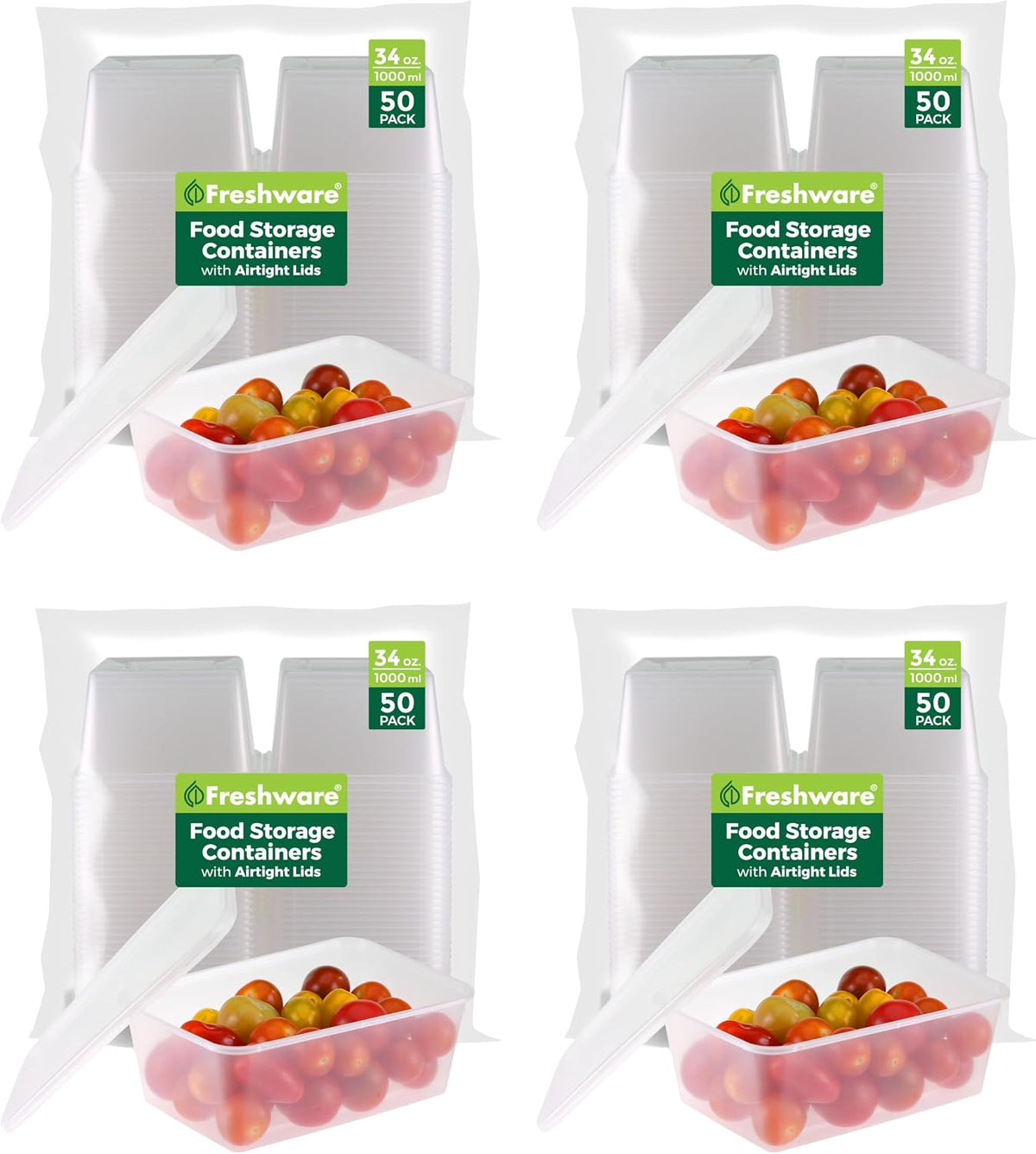 Freshware Food Storage Containers with Lids [60 Pack 8, 16, 32 oz, 20 sets each size] Plastic Deli Containers, Meal Prep Containers, Microwave and Freezer Safe, Stackable, Leakproof, BPA Free, Clear