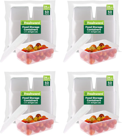 Freshware Food Storage Containers with Lids [60 Pack 8, 16, 32 oz, 20 sets each size] Plastic Deli Containers, Meal Prep Containers, Microwave and Freezer Safe, Stackable, Leakproof, BPA Free, Clear