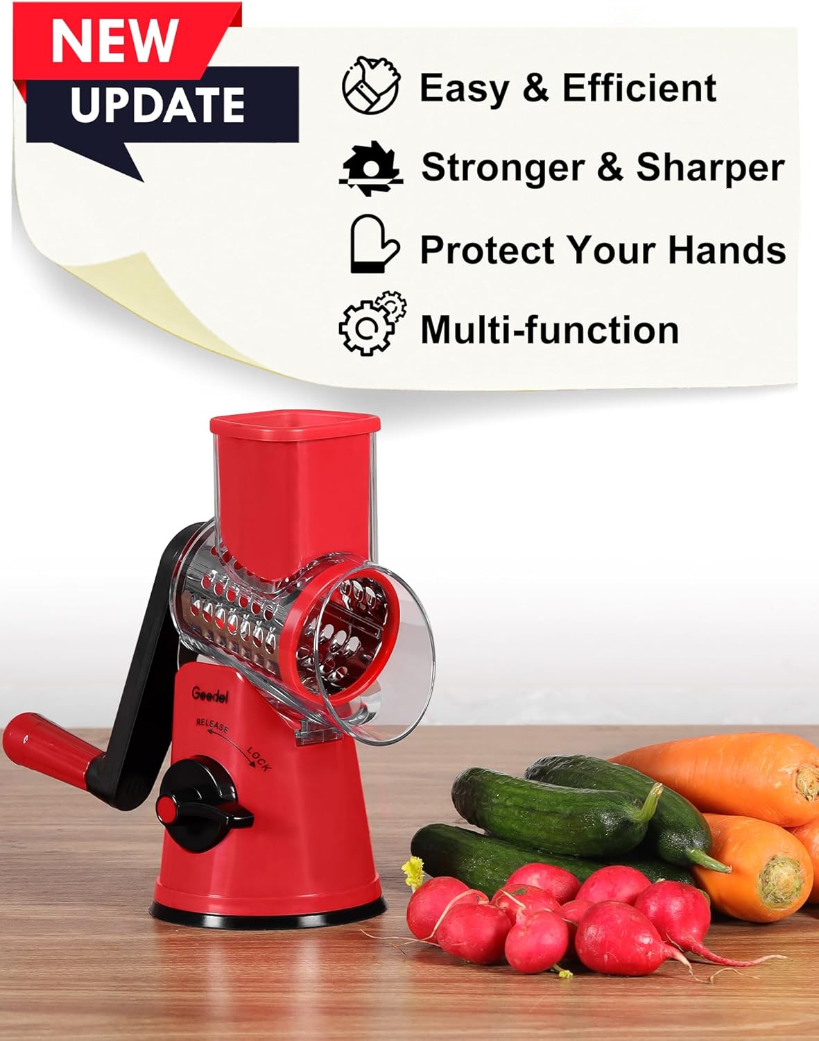 Geedel Rotary Cheese Grater, Kitchen Mandoline Vegetable Slicer with 3 Interchangeable Blades, Easy to Clean Rotary Grater Slicer for Cheese, Vegetables, Nuts